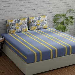 Huesland Comfort Grey & Yellow Striped 144 TC Cotton King Bedsheet & 2 Pillow Covers-image-23