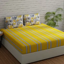 Huesland Comfort Yellow & Grey Striped 144 TC Cotton King Bedsheet & 2 Pillow Covers-image-72