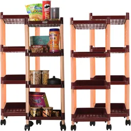 homestic Pack of 4 Multipurpose 4-Layer Office Storage Trolley Rack with Wheels | Brown Plastic Kitchen Trolley-picture-45
