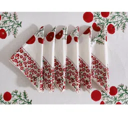 HANDICRAFT PALACE  White & Red Printed Pure Cotton Table Cover With 6 Piece Napkin-50