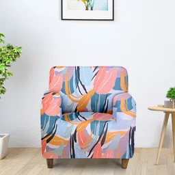 Aura Peach & Green Printed Single Seater Sofa Cover With Arms-2