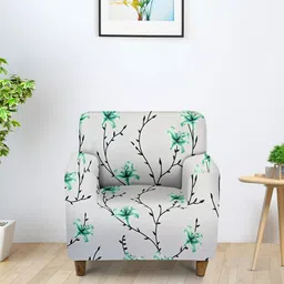 Aura White & Green Printed Single Seater Sofa Cover With Arms-picture-7
