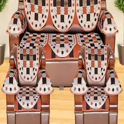 AZOTICA Rust & White 12 Pcs Geometric Cotton 5 Seater Sofa Covers With Arms-24