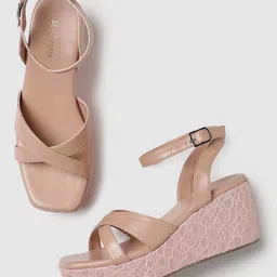 Marc Loire Cross Strap Textured Open Toe Wedges With Ankle Loop-image-81