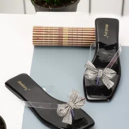 DressBerry Black Embellished Open Toe Flats-image-32