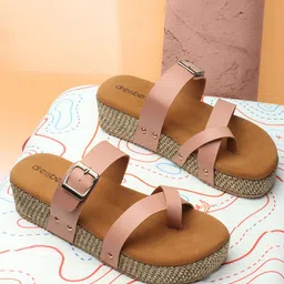 DressBerry Peach-Coloured & Beige Buckle Detail One Toe Flatform Heels-1