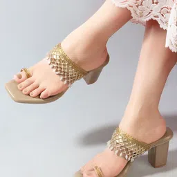 Anouk Beige Embellished Open Toe Block Heels image 4