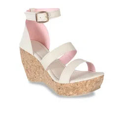 Glitzy Galz Cream-Coloured & Beige Printed Party High-Top Wedge Sandals with Buckles-73