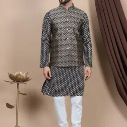Anouk Geometric Embroidered Pure Cotton Straight Kurta With Churidar & Nehru Jacket-97