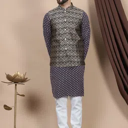 Anouk Geometric Embroidered Pure Cotton Straight Kurta With Churidar & Nehru Jacket-96
