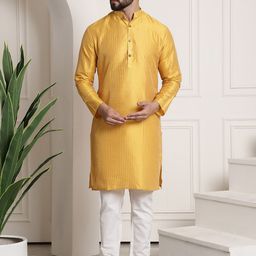 SOJANYA Men Mustard Yellow & White Woven Design Regular Kurta with Churidar-picture-52