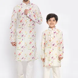 VASTRAMAY Boys Cream-Coloured Floral Printed Regular Kurta with Churidar-32