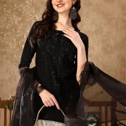 KALINI Women Embroidered Regular Sequinned Kurta with Trousers & With Dupatta image 2