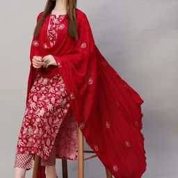 KALINI Floral Printed Regular Kurta with Trousers & Dupatta image 5