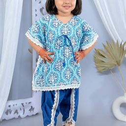 JUNITOS Girls Floral Printed V-Neck Pure Cotton Straight Kaftan Kurti With Dhoti-picture-27