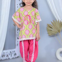 JUNITOS Girls Ethnic Motifs Printed Tie-Up Neck Pure Cotton Kurti with Dhoti Pants-picture-49