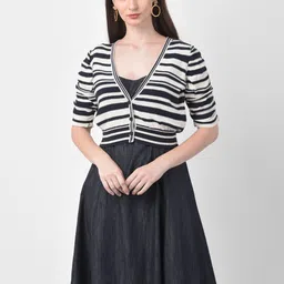 250 DESIGNS Women Black & Off White Striped Denim Knee Length Dress-19