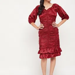 Antheaa Puff Sleeves Ruched Satin Sheath Dress-picture-5