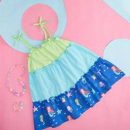 Pantaloons Baby Green & Turquoise Blue Colourblocked Tie-Up Neck A-Line Dress-image-96