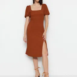 Trendyol Self Design Square Neck Puff Sleeves Sheath Midi Dress-picture-19