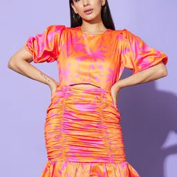 Globus Orange & Pink Floral Print Puff Sleeve Cut Out Satin Sheath Dress-image-84
