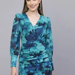 aayu Floral Ruched Puff Sleeves Georgette Bodycon Dress-picture-45