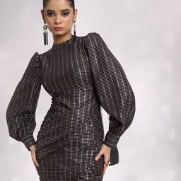 Tokyo Talkies Black Geometric Printed High Neck Cuffed Sleeves Bodycon Dress-image-25