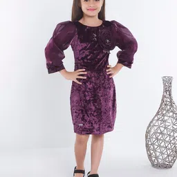 Ministitch Girls Puff Sleeves Velvet Sheath Dress-51