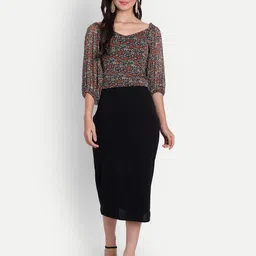 ISAM Black & Red Floral Chiffon Bodycon Midi Dress-image-45