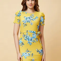 Globus Floral Printed Puff Sleeves Belted Detail Sheath Mini Dress-picture-5
