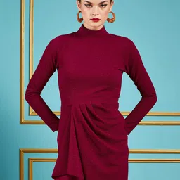 SASSAFRAS Maroon Self Design Gathered Detail High Neck Sheath Dress-image-54