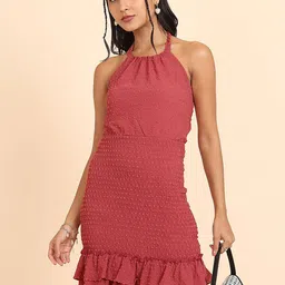 Tokyo Talkies Red Halter Neck Self Design Gathered Sheath Dress-picture-33