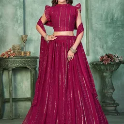 KALINI Embellished Semi-Stitched Georgette Lehanga & Unstitched Blouse With Dupatta-image-6