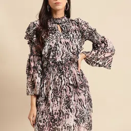 DODO & MOA Women Off White & Black Printed Smocking A-Line Dress with Ruffle Detail-image-85