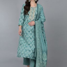 AHIKA Ethnic Motifs Embroidered Silk Blend Kurta with Trousers & With Dupatta-picture-28