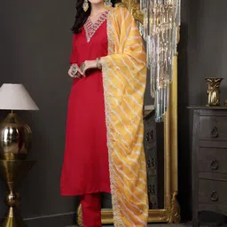 Stylum Red Floral Yoke Design Regular Straight Kurta with Trousers & With Dupatta-45