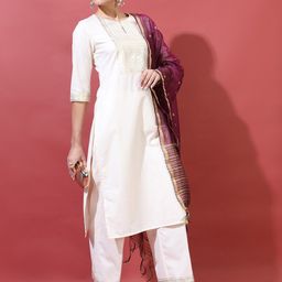 Vishudh Women Cream-Coloured High Slit Kurta with Trousers & With Dupatta-image-19