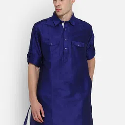 ROYAL KURTA Men Blue Dupion Silk Blend Pathani Kurti with Patiala-image-11