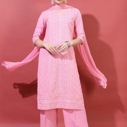 Vishudh Women Pink Floral Embroidered Kurta with Trousers & With Dupatta-picture-12