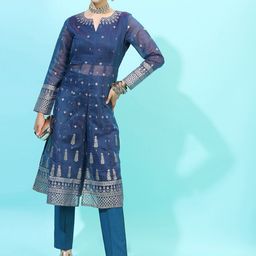 Vishudh Women Blue Ethnic Motifs Embroidered Kurta with Trousers-picture-36