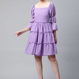 plusS Lavender Self Design Bell Sleeves A-Line Tiered Dress-image-36