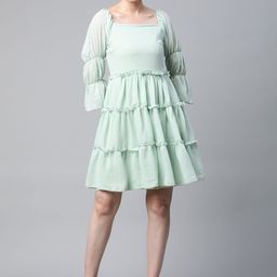 plusS Mint Green Self Design Bell Sleeves A-Line Tiered Dress-image-74