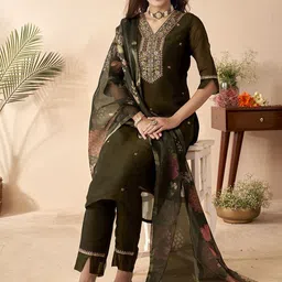 Anouk Olive Green Floral Embroidered Sequined Straight Kurta with Trousers & Dupatta-picture-34