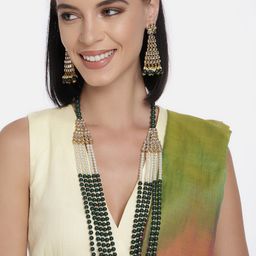 Peora Green & White Multistrand Kundan Studded Long Necklace with Earrings-image-37