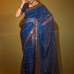Anouk Navy Blue & Burgundy Ethnic Motifs Orinted Beads and Stones Pure Georgette Saree-image-43