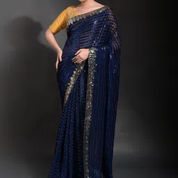 Anouk Navy Blue & Gold-Toned Embellished Sequinned Pure Georgette Saree-20