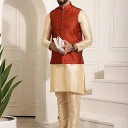 SOJANYA Men Cream-Coloured & Rust Motifs Jacquard Kurta & Churidar with Nehru Jacket image 1