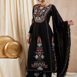 KAVINDI Floral Embroidered Regular Thread Work Kurta with Palazzos & Dupatta image 4