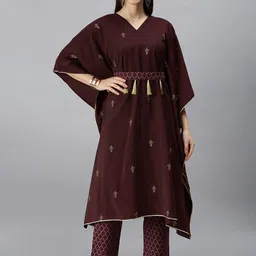 SheWill Women Maroon Foil Printed Kaftan Kurta with Trousers & Dupatta-picture-1