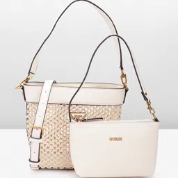 GUESS Women Basket Weave Structured Shoulder Bag with Pouch-7